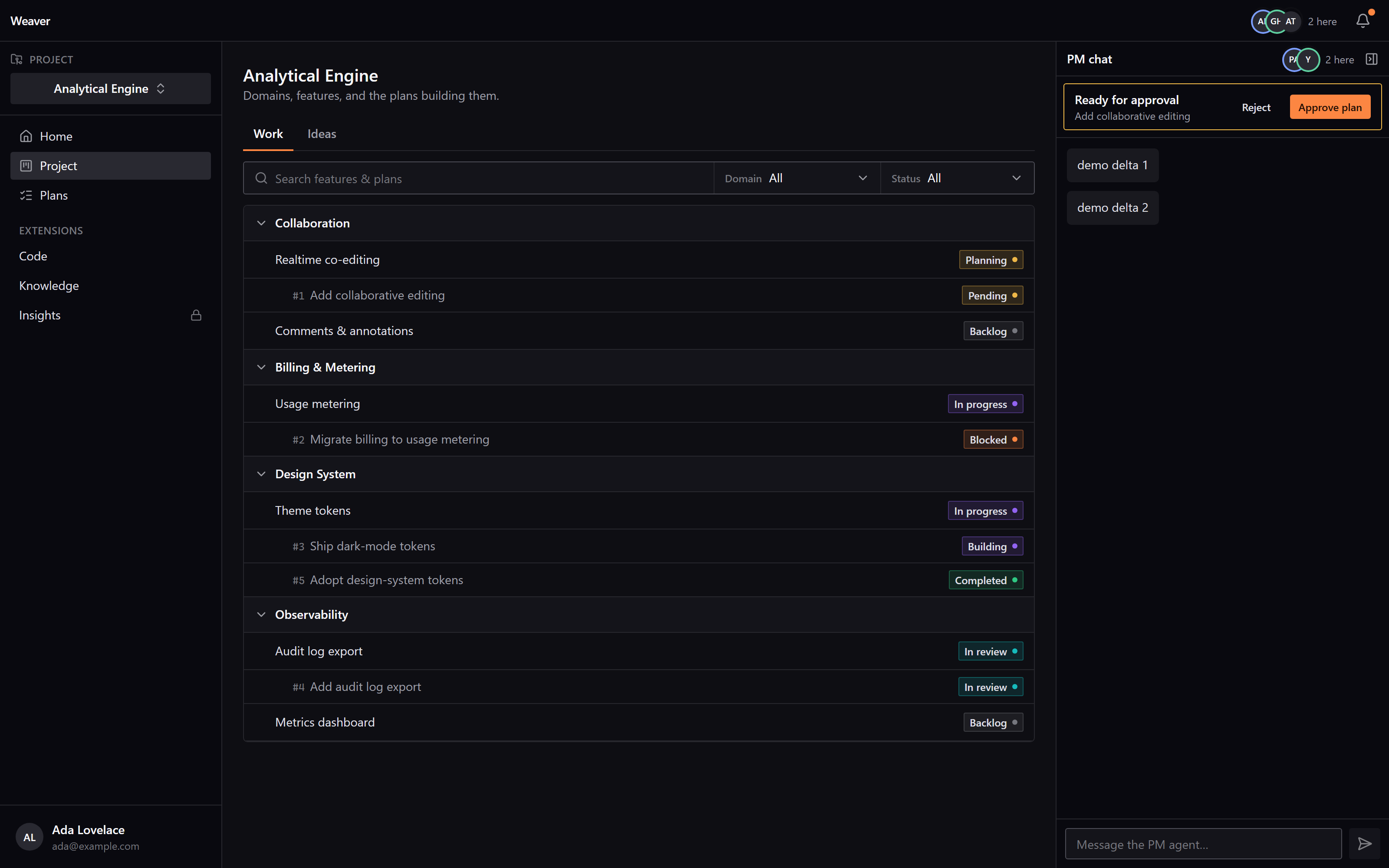 Weaver project board grouping features by domain (collaboration, billing, design system, observability), each with a lifecycle status.