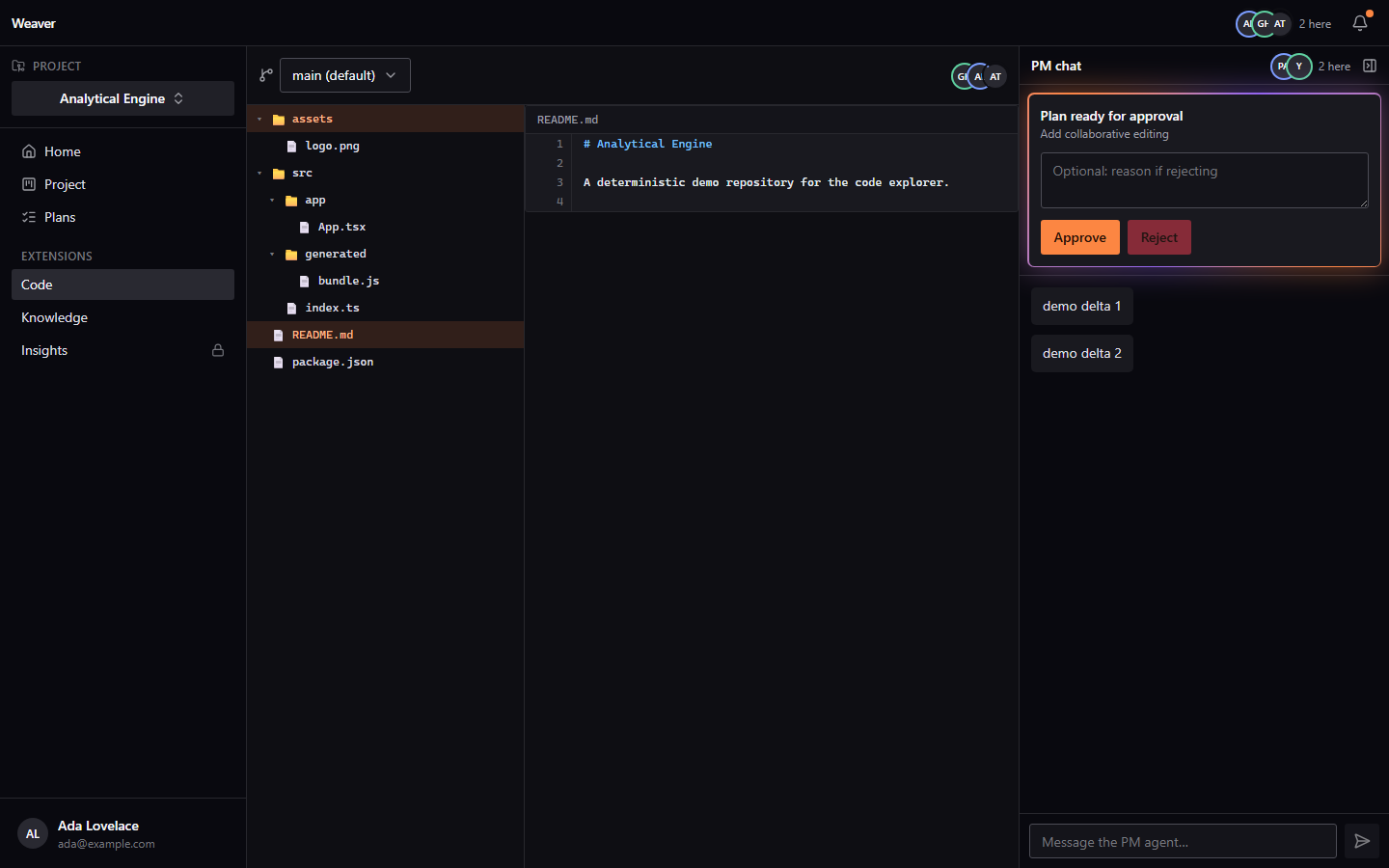Weaver code explorer showing a repository file tree and a README preview inside the workspace.